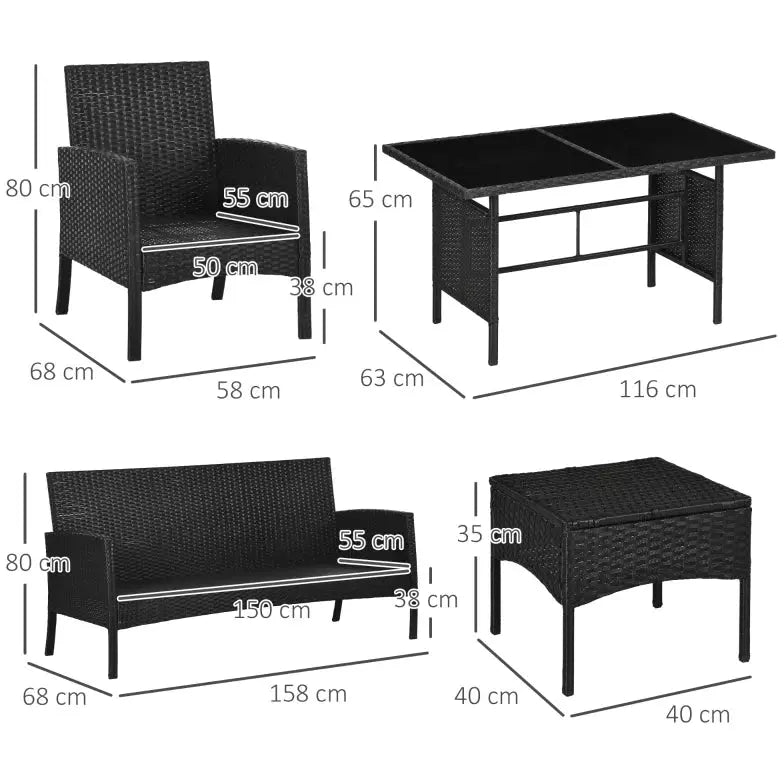 5 Seater Rattan Garden Furniture Set, Grey, Black