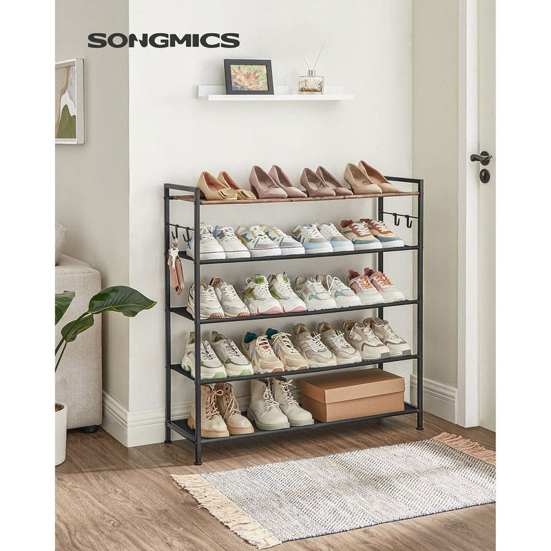 Songmics 5 Tier Metal Shoe Rack, Rustic Brown & Black