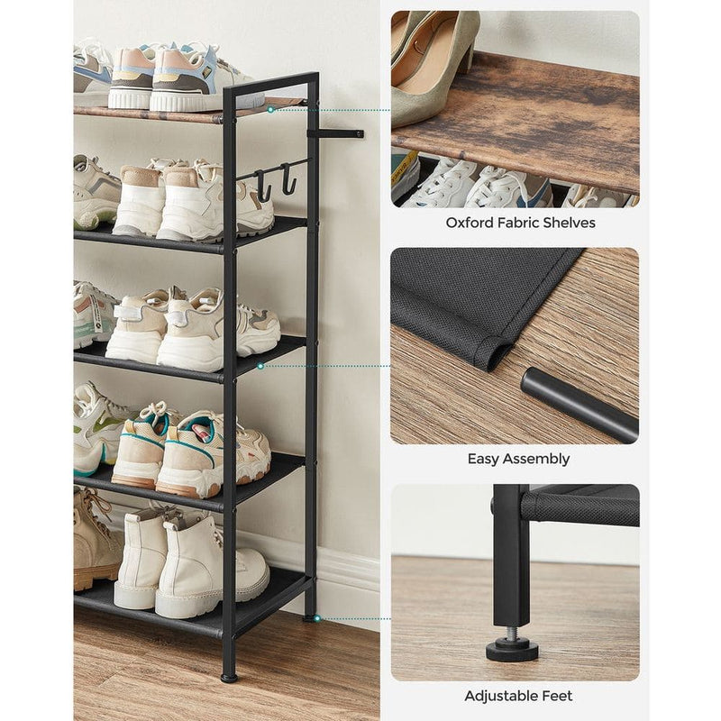 Songmics 5 Tier Metal Shoe Rack, Rustic Brown & Black