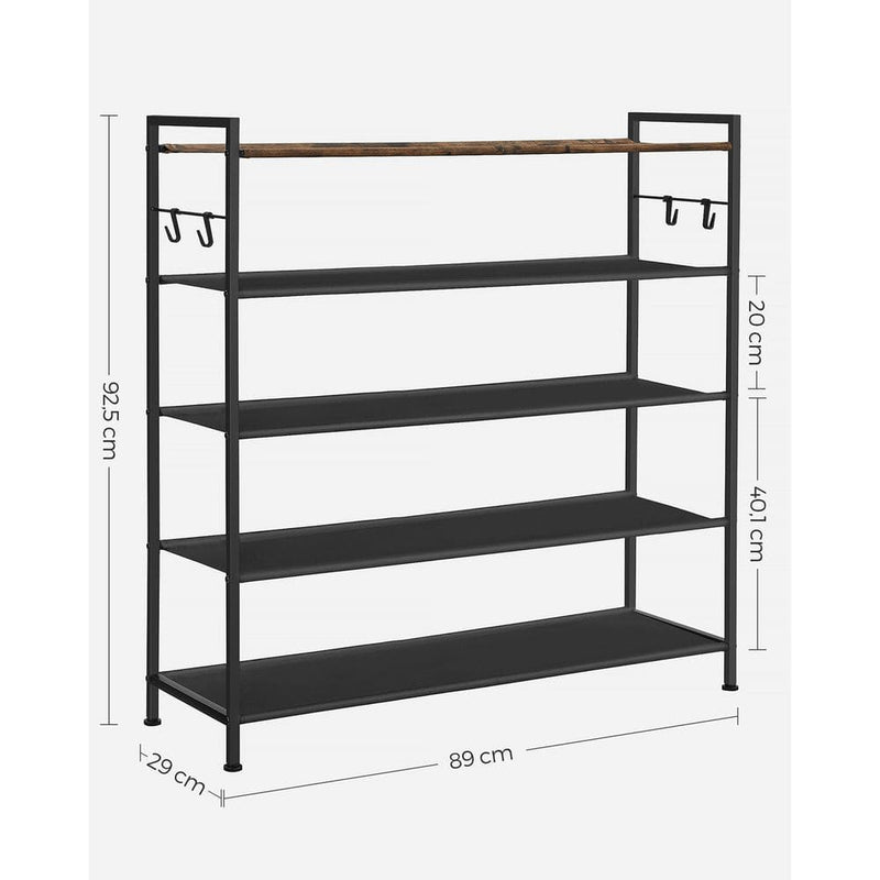 Songmics 5 Tier Metal Shoe Rack, Rustic Brown & Black
