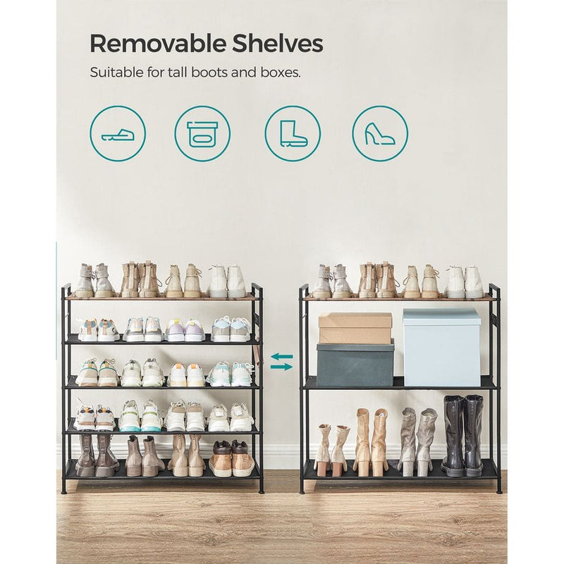 Songmics 5 Tier Metal Shoe Rack, Rustic Brown & Black