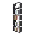 Black 5 cube shelving unit filled with rows of books on a white background