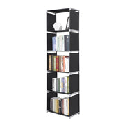 Black 5 cube shelving unit filled with rows of books on a white background