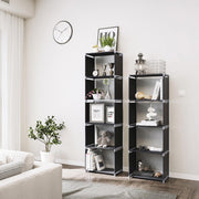 Two black cube units standing side by side in a living room holding books and ornaments