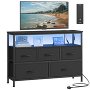 Ink black 5 drawer chest of drawers with blue LED lights, a TV on top and a power socket detail