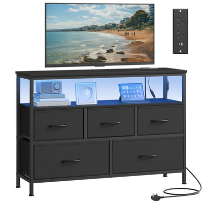 Ink black 5 drawer chest of drawers with blue LED lights, a TV on top and a power socket detail