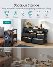 Storage infographic showing how much clothing a chest of drawers holds, with and without the unit