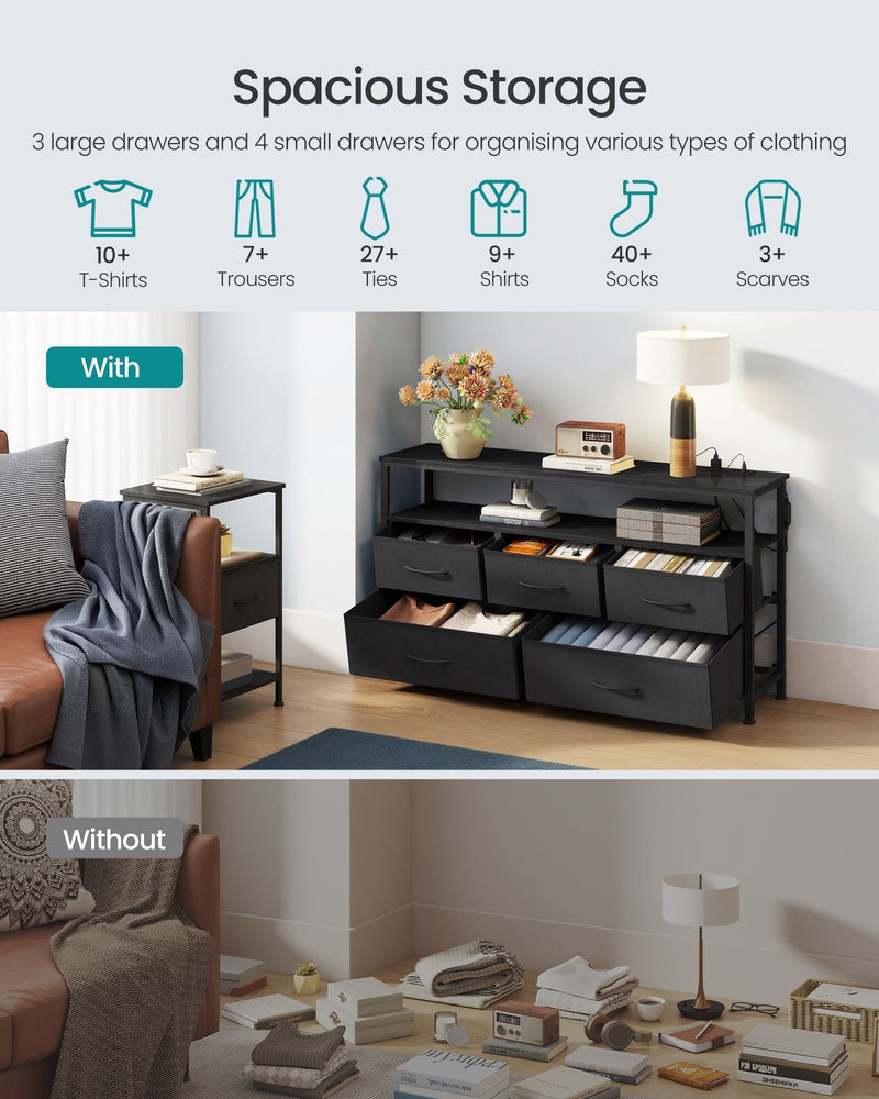 Storage infographic showing how much clothing a chest of drawers holds, with and without the unit