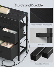 Close-ups of the particleboard top, anti-tip kit strap and steel frame legs
