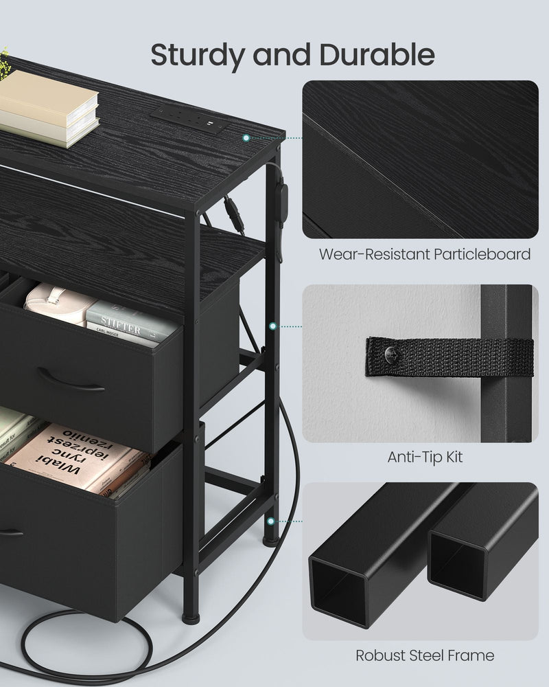 Close-ups of the particleboard top, anti-tip kit strap and steel frame legs