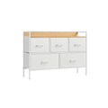 White and oak 5-drawer fabric chest of drawers on a white steel frame
