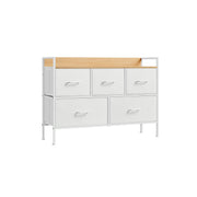 White and oak 5-drawer fabric chest of drawers on a white steel frame