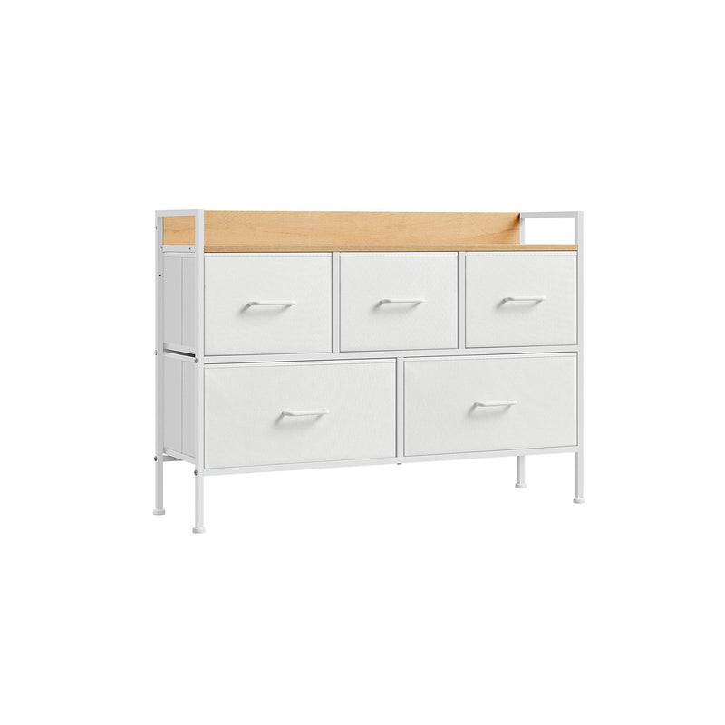White and oak 5-drawer fabric chest of drawers on a white steel frame