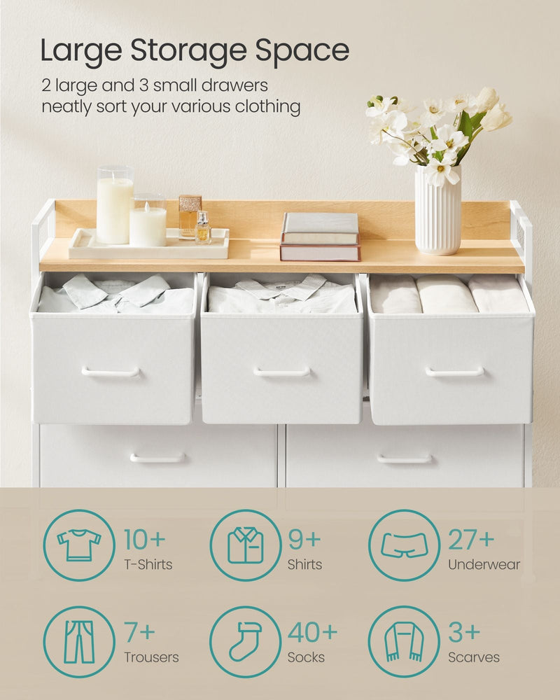 Open drawers holding folded clothing, with icons for shirts, socks and scarves