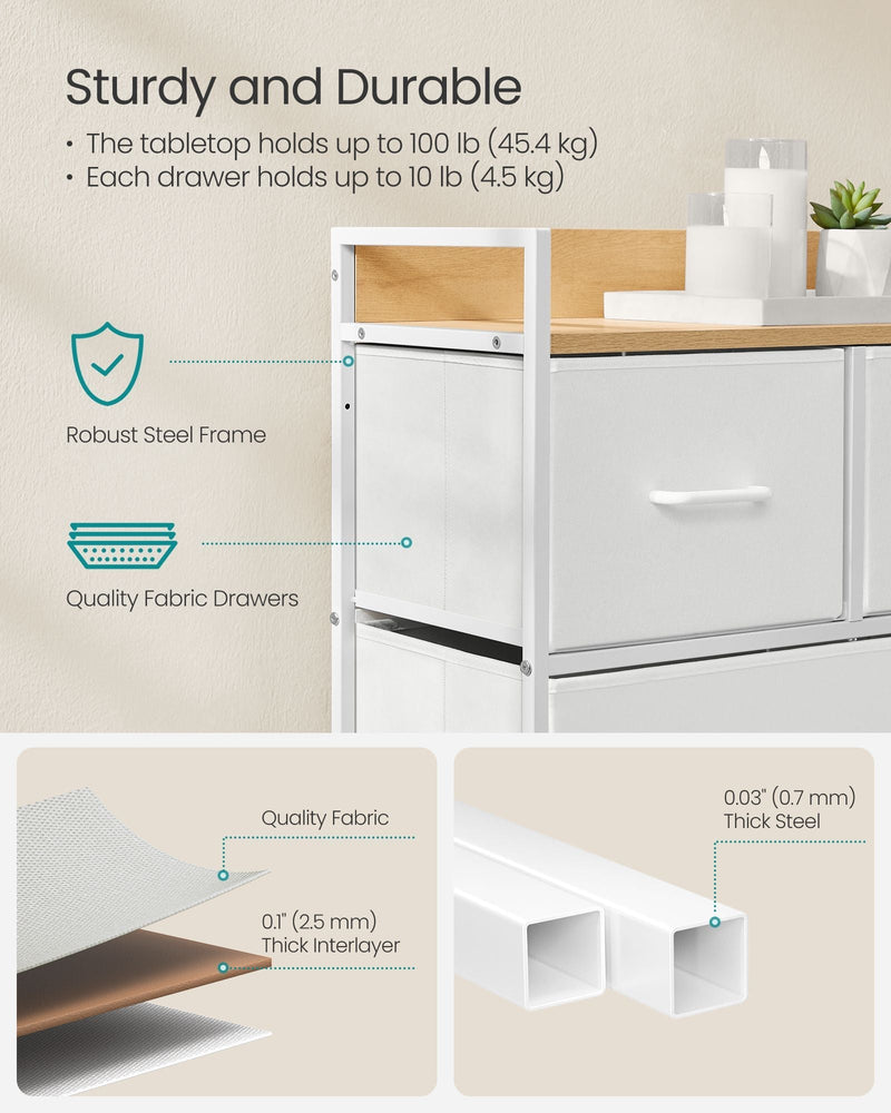Detail panel showing the steel frame, fabric drawer layers and load capacities