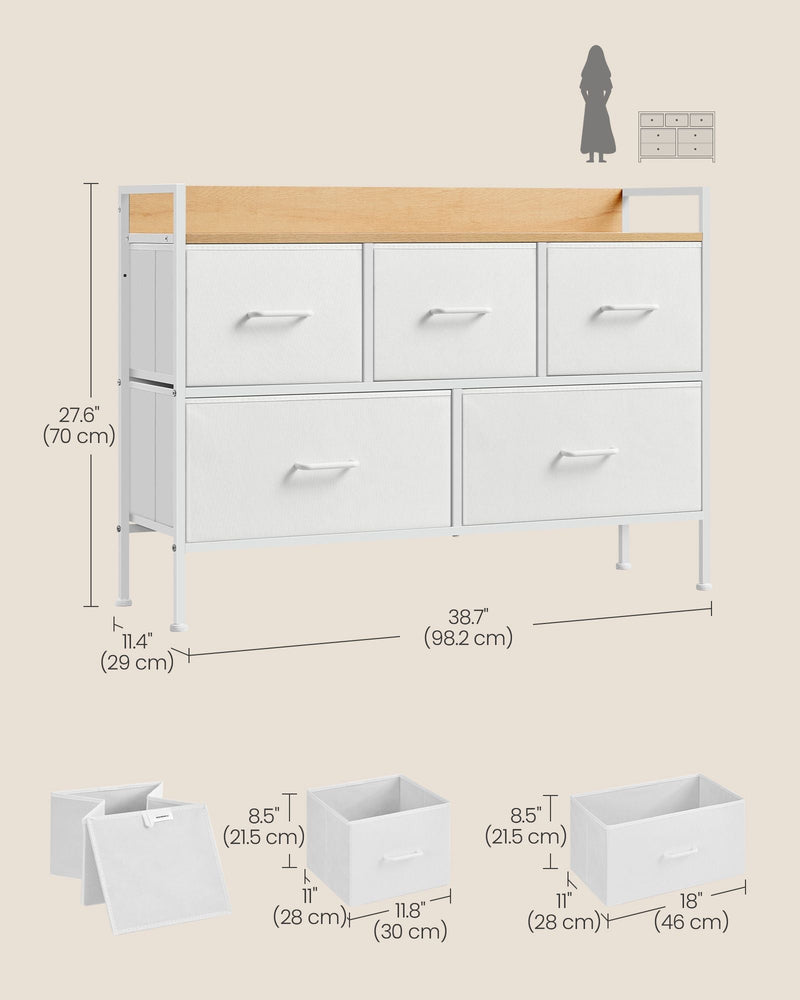 Dimension diagram showing 98.2 cm wide, 29 cm deep and 70 cm high with drawer sizes