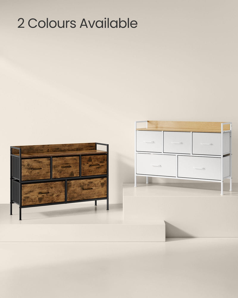 The two colourways side by side, rustic brown with black and white with oak