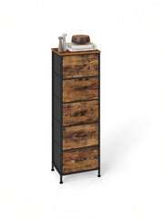 Rustic brown 5-drawer narrow chest topped with books, a hat and a vase