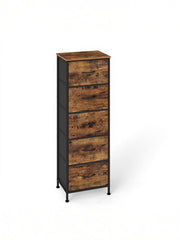 Plain studio view of the 5-drawer chest with black steel frame and wood-effect fabric drawers