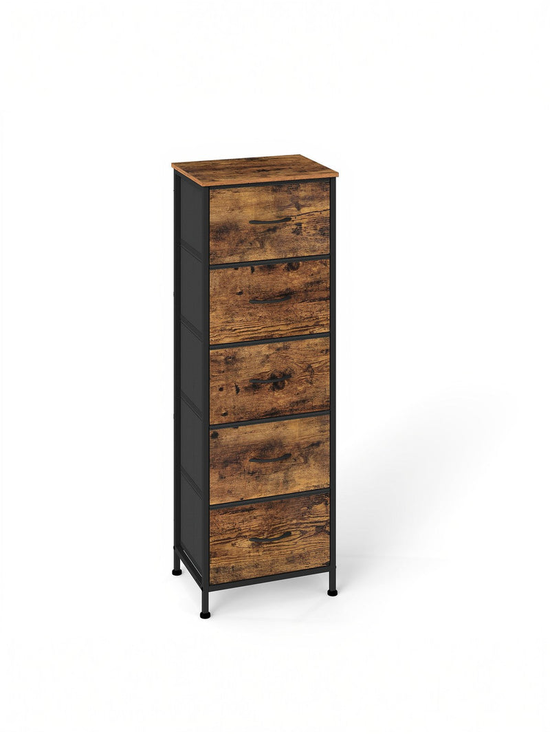 Plain studio view of the 5-drawer chest with black steel frame and wood-effect fabric drawers