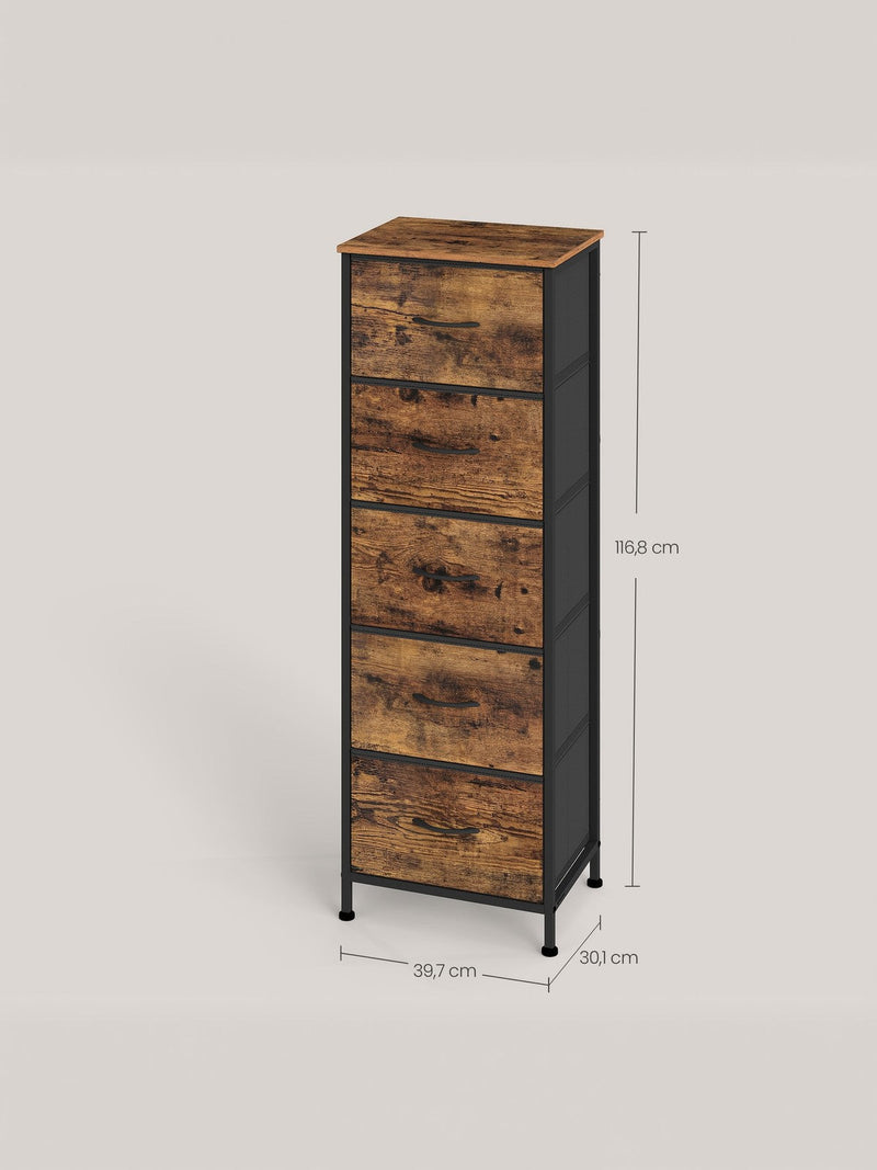Dimensions diagram of the 5-drawer chest: 116.8 cm high, 39.7 cm wide, 30.1 cm deep