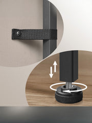 Close-up of the anti-tip wall strap and the screw-in adjustable foot