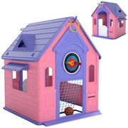 Aiyaplay 5-in-1 playhouse in pink and purple showing the basketball hoop, dartboard and ring toss