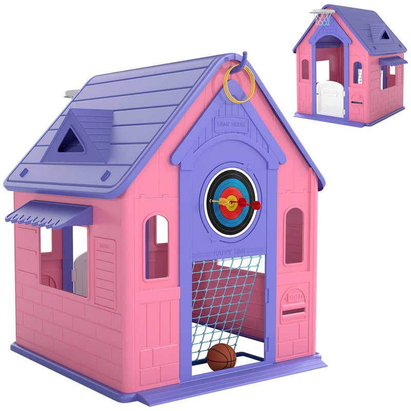Aiyaplay 5-in-1 playhouse in pink and purple showing the basketball hoop, dartboard and ring toss