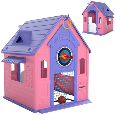 Aiyaplay 5-in-1 playhouse in pink and purple showing the basketball hoop, dartboard and ring toss