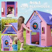 Collage of the five play activities: pretend play, ring toss, basketball, darts and football