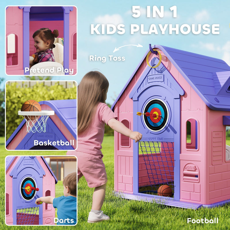 Collage of the five play activities: pretend play, ring toss, basketball, darts and football