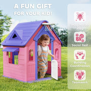 Child stepping through the playhouse door with icons for imagination, social skill and teamwork