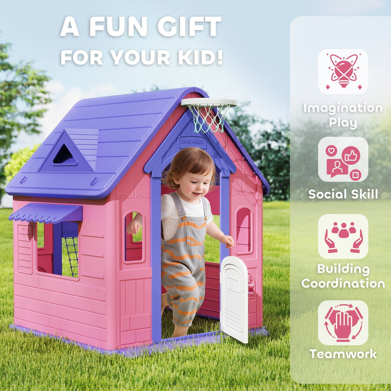 Child stepping through the playhouse door with icons for imagination, social skill and teamwork