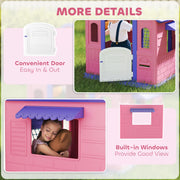 Close-up of the playhouse's hinged door and built-in windows, with a child looking out
