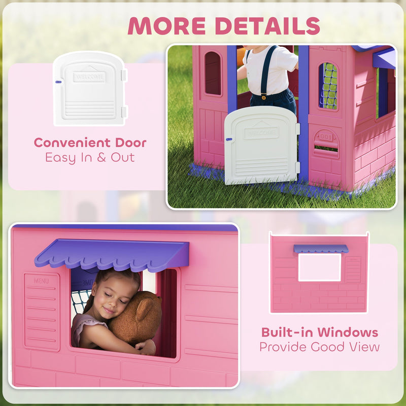 Close-up of the playhouse's hinged door and built-in windows, with a child looking out