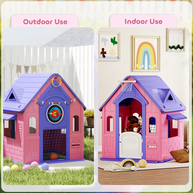 Split image showing the Aiyaplay playhouse used outdoors on grass and indoors in a playroom