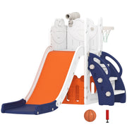 Orange and navy Aiyaplay 5 in 1 kids slide set with basketball hoop and climbing steps on a white background