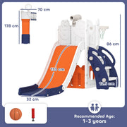 Dimensions diagram showing the 178 x 70 x 86 cm slide set with 133 cm slide and 32 cm steps in orange