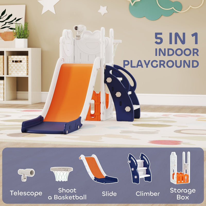 5 in 1 indoor playground graphic listing telescope, basketball, slide, climber and storage box in orange