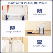 Play with peace of mind graphic showing HDPE materials and the triangle frame structure in orange