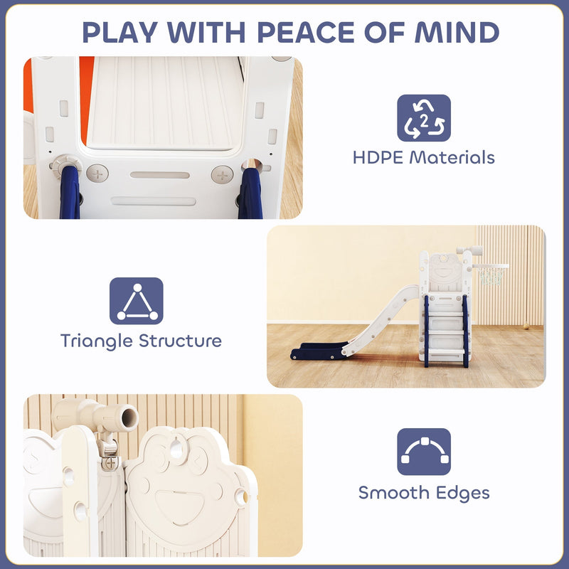 Play with peace of mind graphic showing HDPE materials and the triangle frame structure in orange