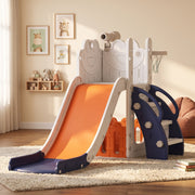 Orange and navy slide set shown in a bright room with wall art and toy baskets