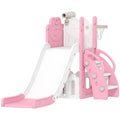 Pink Aiyaplay 5 in 1 kids slide set with basketball hoop and climbing steps on a white background