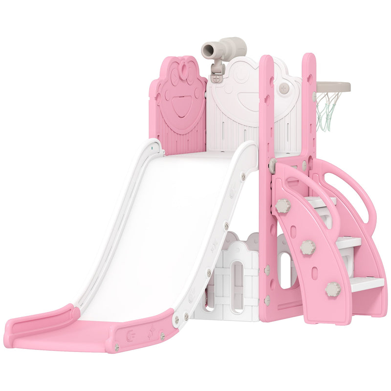 Pink Aiyaplay 5 in 1 kids slide set with basketball hoop and climbing steps on a white background
