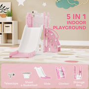 5 in 1 indoor playground graphic listing telescope, basketball, slide, climber and storage box