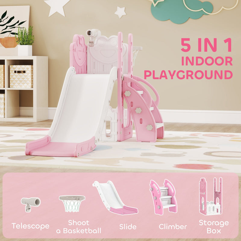 5 in 1 indoor playground graphic listing telescope, basketball, slide, climber and storage box