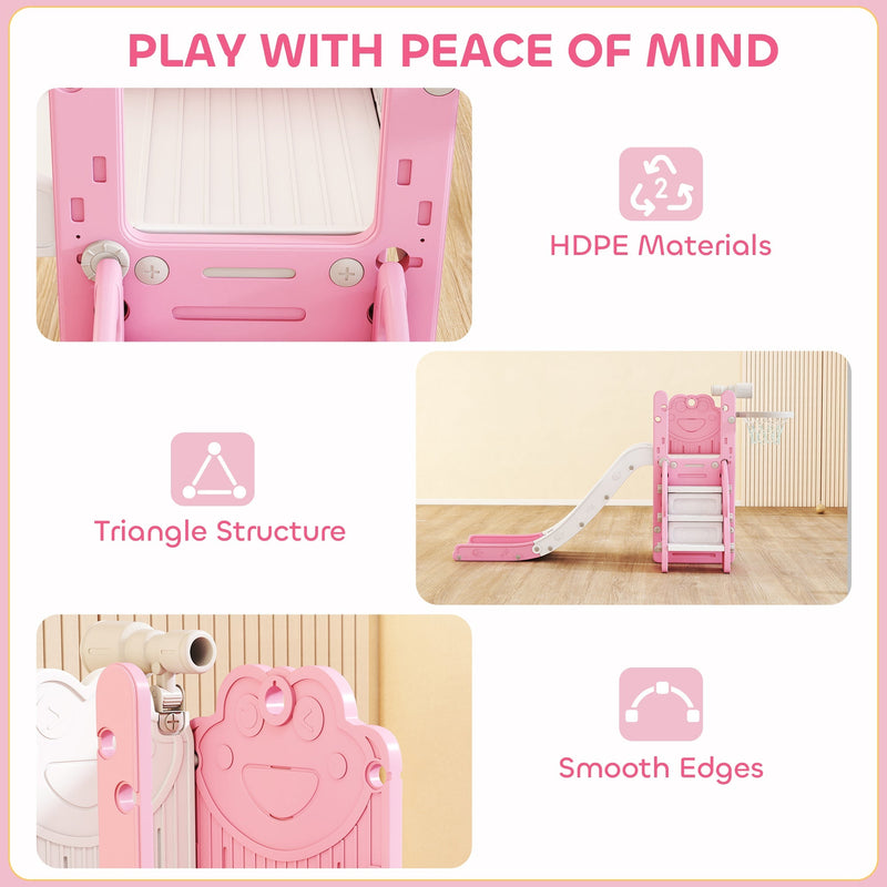 Play with peace of mind graphic showing HDPE materials and the triangle frame structure