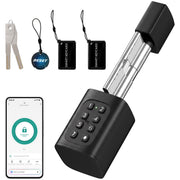 Smart door cylinder shown with keys, backup NFC cards and the control app