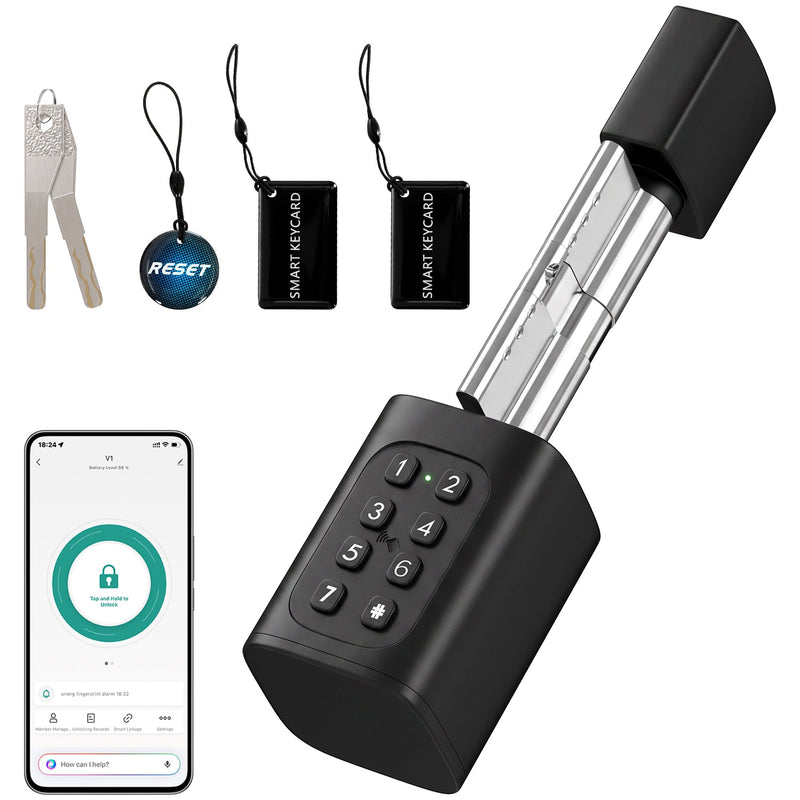 Smart door cylinder shown with keys, backup NFC cards and the control app