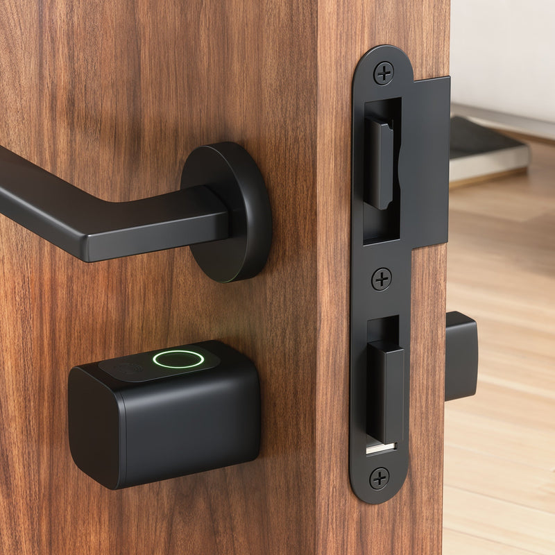 Smart door cylinder installed in a wooden door beside the handle